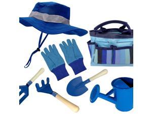 Kids Garden Set + Bucket Hat Combo: Real Metal Tools with Wooden Handles, Gloves & Carrying Bag. Adjustable Hat, Chin Strap. Navy Blue S/M