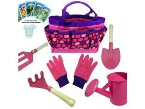 Kids Gardening Tool Set plus 1 Seed Packet with Starter Pot - Real Metal Child Sized Hand Tools with Safety Edges & Canvas Bag. Pink