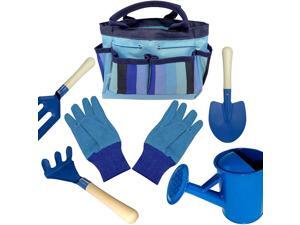 Kids Gardening Tool Set - Wooden Handles and Safety Edges Shovel, Rake & Pitch Fork Plus Watering Can, Garden Gloves Canvas Bag. Blue