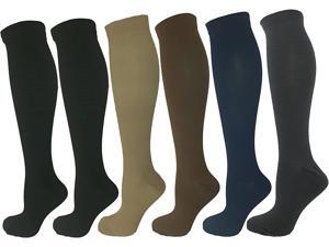 6 Pair Large/X-Large Ladies Compression Socks, Medium Compression 15-20 mmHg. Therapeutic, Occupational, Travel & Flight, Knee-High (1 Tan, 1 Brown, 1 Blue, 1 Grey, 2 Black)