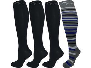 Mens, Womens 4 Pair 15-20mmHg Graduated Compression Socks 3 Black, 1 Stripe L/XL