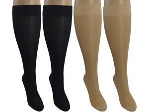 4 Pair Sheer Small/Medium Ladies Compression Socks, Moderate/Medium Graduated Compression 15-20 mmHg. Nurses, Work, Therapy, Travel & Flight Knee-High Hosiery. Colors: 2 Nude, 2 Black