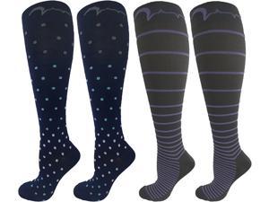 4 Pair Ladies Design Graduated Compression Socks for Nurses, Occupational, Therapeutic, Recovery, Shin-Splints, DVT, Pregnancy/Maternity, Diabetes, (Medium, 2 Polka Dot Socks, 2 Grey Striped Socks)