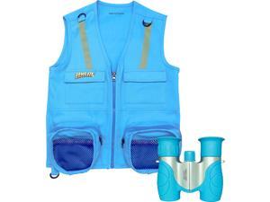 Combination Set: 1 Blue S/M Eagle Eye Explorer Cargo Vest for kids, Reflective Safety Straps & 1 Blue 8x21 Magnification Binoculars, Soft Rubber Eye Piece for boys & girls, Waterproof, Shock-Resistant