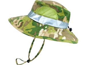 Kids Safari Floppy Bucket Hat Outdoor Adventure, Adjustable Head Band, Wide Brim, Chin Strap & Mesh Ventilation Panels (Small/Medium, Camouflage)