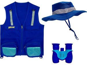 Eagle Eye Explorer Multi-Piece Set Cargo Vest with Reflective Safety Straps, 1 8x21 Magnification Binoculars and Safari Hat for Boys and Girls (X-Small, Dark Blue Vest, Hat, Binoculars)