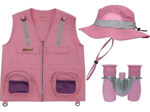 Eagle Eye Explorer Multi-Piece Set Cargo Vest with Reflective Safety Straps, 1 8x21 Magnification Binoculars and Safari Hat for Boys and Girls (X-Small, Pink)