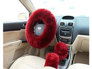 3 PCS SET Red Wine Color Fur Wool Furry Fluffy Thick Car Steering Wheel Cover Winter