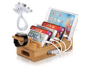 BambuMate Bamboo Charging Station for Multiple Devices, 7 Slots Wood Docking Electronic Organizer for Phones, Tablets, Laptop and More (No Charger HUB)