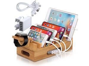 BambuMate Bamboo Charging Station Organizer for Multiple Devices, 7 Slots Electronic Docking Station Organizer for iPhones, Tablets, Laptop and More (with 5Port USB Charger, 5 Charge Cable)