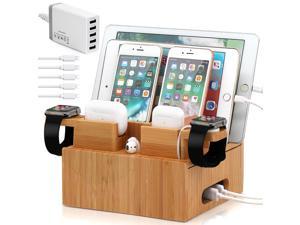 Bamboo Charging Station Organizer for Multiple Devices, Wood Docking Stand Electronic Organizer Compatible with iPhone iPad iWatch AirPods (Included 2 Watch & Earbuds Stand, 5 Cables, 5 Port Charger)