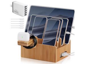 Bamboo Charging Station for Multiple Devices with 5 Port USB Charger, 5 Cables and Smart Watch & Earbuds Stand, Upgrade Desk Docking Station Organizer for Cell Phone, Tablet and More Bamboo Charging Station for Multiple Devices with 5 Port USB Charger, 5 Cables and Smart Watch & Earbuds Stand, Upgrade Desk Docking Station Organizer for Cell Phone, Tablet and More