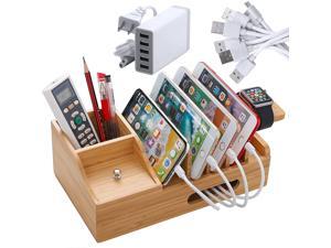 Bamboo USB Charging Stations for Multiple Devices with 5 Port USB Charger, 5 Charge Cable and Smart Watch Stand, Wood Desktop Dock Stations Electronic Organizer for Cell Phone, Tablet, Watch, Office Bamboo USB Charging Stations for Multiple Devices with 5 Port USB Charger, 5 Charge Cable and Smart Watch Stand, Wood Desktop Dock Stations Electronic Organizer for Cell Phone, Tablet, Watch, Office