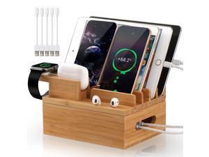 BambuMate Bamboo Charging Station for Multiple Devices, Upgrade Desk Docking Station Organizer for iPhone, Smart Watch, AirPods, Cellphone, Tablet, (Included 5 Charging Cables, No USB Charger)