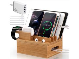 BambuMate Bamboo Charging Station for Multiple Devices (Included 5 Port USB Charger, 5 Pack Charge & Sync Cable, SmartWatch & AirPods Stand), Wood Desktop Docking Charging Stand