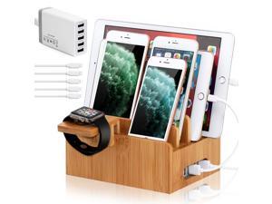 BambuMate Bamboo Charging Station for Multiple Devices, Wood Docking Stand Electronic Organizer Compatible with iPhone, Apple Watch, Tablet (with Watch Stand, 5 Port USB Charger, 5 Charger Cables)