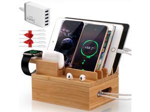 Bamboo Charging Station for Multiple Devices (Included 5 Port USB Charger, 5 Pack Cables, SmartWatch & Earbuds Stand), Charging Station Docking Organizer for Smartphones & Tablets Bamboo Charging Station for Multiple Devices (Included 5 Port USB Charger, 5 Pack Cables, SmartWatch & Earbuds Stand), Charging Station Docking Organizer for Smartphones & Tablets