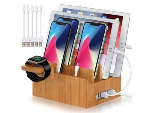 Beebo Beabo Bamboo Charging Station for Multiple Devices with 5 Cables and Smart Watch Stand (No Power Supply). Electronic Device Desktop Organizer for Cellphone, Tablet, Watch