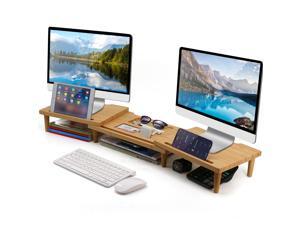 Bamboo Dual Monitor Stand Riser with Length and Angle Adjustable, Office Wood Desktop Stand Storage for Computer, Laptop, PC, Printer, Notebook Bamboo Dual Monitor Stand Riser with Length and Angle Adjustable, Office Wood Desktop Stand Storage for Computer, Laptop, PC, Printer, Notebook