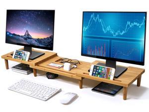 Large Bamboo Dual Monitor Stand for Computer Screens, Bamboo Riser Supports Monitors, Printers, Laptops or TVs up to 80lbs, Perfect Shelf Organizer for Office Desk Accessories & TV Stands