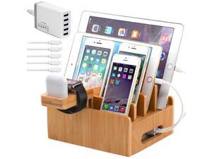 Bamboo Charging Station Organizer, Fast Charging Station for Multiple Device 5-Port USB Bamboo Wood Charging Dock,Universal Apple Watch Phone Pad and Android Like Samsung Cell Phones & Tablets