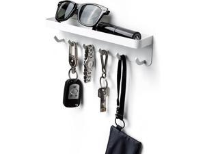 Magnetic Key Holder for Wall: Self Adhesive Key Rack with Small Shelf and 6 Metal Hooks - Wall Mount Mail Organizer with Hanger for Door Entryway Hallway and Office (Modern White)