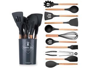 ZJZ Kitchen Utensils Set, 12 pcs Non-Stick Silicone Cooking Kitchen Utensils Spatula Set with Holder, Cooking Spatula Turner Heat Resistant Tools with Wooden Handle (Black Grey)