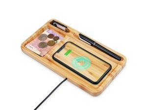 2 in 1 Desktop Wood Wireless Qi Charger Dock Station Bamboo Organizer Holder, 15W Phone USB Charging Docking Stand , Wooden Charging Pad, For iPhone Samsung Android Nightstand Home Office KingTSYU