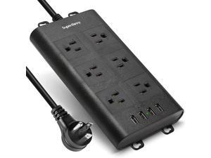 Wall-Mounted Surge Protector Power Bar with 6AC and 4USB, SUPERDANNY Flat Plug 10ft 14AWG Extension Cord Charger Power Strip Adjustable 110-240V Compatible with iPhone, iPad, Apple Watch, Kindle