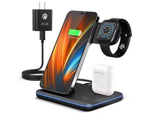 Wireless Charging Station, 2021 Upgraded 3 in 1 Wireless Charger Stand with Breathing Indicator Compatible with iPhone 12/11 Pro/XS/XR/8, Watch 6/SE/5/4/3 & AirPods