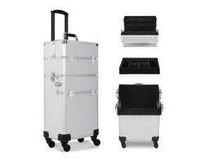 CAMORSA Rolling Makeup Train Case, 3 in 1 Cosmetic Trolley with 4 Spinner Wheel, Aluminum Professional Beauty Case Beauty Storage Organizer with Folding Trays, Locks
