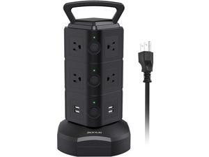 Power Strip Surge Protector Tower Electric Charging Station 10 AC Outlets 4 USB Ports with 16AWG 6.5ft Heavy Duty Extension Cord for Home Office Computer Laptop Black JACKYLED
