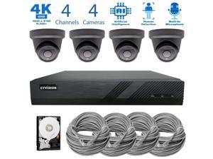 CTVISION 4 Channel 8MP IP Audio PoE NVR Home Security CCTV Camera Video Surveillance System with 4 x Wired Outdoor 4K PoE 100ft Night Vision Security Turret Cameras, 4-CH NVR Security System, 2TB
