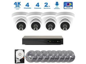 Hikvision 4 Channel 8MP IP Audio AI Color Night Vision PoE NVR Home Security CCTV Camera Video Surveillance System with 4 x Wired Outdoor 4K PoE Security Turret Cameras, 4-CH NVR Security System, 2TB