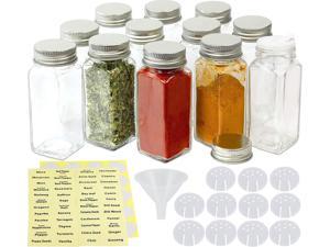 14 Pcs Glass Spice Jars with Spice Labels - Empty Square Spice Bottles - Shaker Lids and Airtight Metal Caps