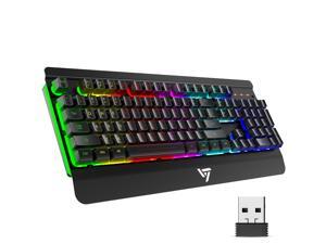 VictSing Wireless Gaming Keyboard, Rechargeable Metal Panel Keyboard with LED Rainbow Backlit/3000mAh Battery/Hand Rest, Quiet and Spill-Resistant.