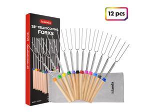 iClanda 12Pcs Marshmallow Roasting Sticks, 32 Inch Stainless Steel Telescoping Smores Skewers with Wooden Handle for Campfire Firepit and Sausage BBQ, Outdoor Garden Kitchen Tools