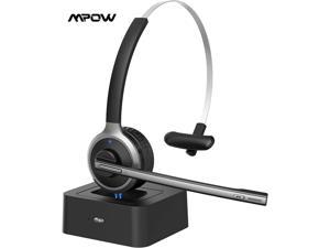 Mpow M5 Pro Trucker V5.0 Bluetooth Headset with 200H Charging Station, Over The Head Cell Phone Headset with Noise-Canceling Microphone, Comfort-fit Truck Driver Headset for Call Center, Office, Skype