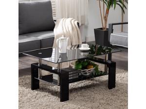 COSVALVE Modern Black Glass Rectangle Coffee Table with Shelf Living Room Furniture