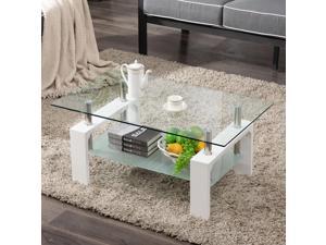 Modern Rectangle Glass Coffee Table with Shelf, Clear Tempered Glass Top with White Wooden Legs, Living Room Furniture, Waiting Area Table