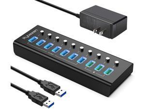 Powered USB Hub,10-Port USB 3.0 Hub with 7 USB 3.0 Data Ports + 3 USB Smart Charging Ports, LEDs Individual Switches and Power Adapter for Keyboard, Mouse, Printer, Hard Drivers