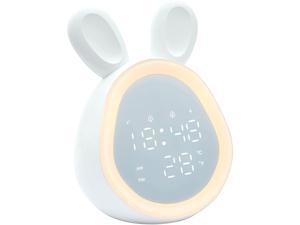 Reloj despertador para niños, lindo conejo, reloj digital, alimentado por USB Gro Clock control de voz reloj LED con 6 tonos de llamada, reloj para entrenar el sueño repetición alarmas duales