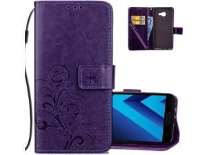 Samsung A5 2017 Wallet Case Leather Premium PU Embossed Design Magnetic Closure Protective Cover with Card Slots for Samsung Galaxy A5 2017 SM-A520 (5.2 inch). Luck Clover Purple