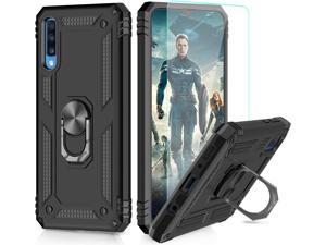 for Samsung Galaxy A50 Phone Case with Screen Protector, Military Grade Full Body Shockproof Silicone TPU Hybrid Bumper Armor Protective Cover with Ring Holder for Samsung Galaxy A50 Black