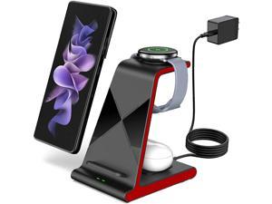 Wustentre 3 in 1 Wireless Charging Station Docking for Samsung Multiple Devices for Samsung Galaxy Z Flip 3 Z Fold 3 S21 Ultra S21 + S20 S10+ S10e S9+ Note 20, Galaxy Watch 4/3 Active 2 Gear S3 (Red)