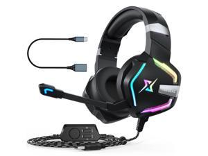 7.1 Surround Sound PC Gaming Headset for PS4 PS5 Switch Laptop Tablet Mobile, Over Ear Wired USB Gaming Headphone with Omni-Directional Noise Canceling Mic, Colorful RGB LED Light, Blake