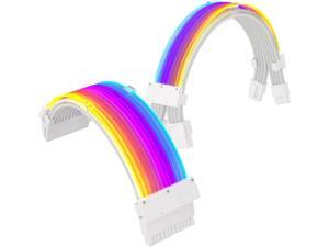 BUCIER RGB PSU Cables,ARGB Motherboard Power Supply Cable,24 Pin+2 * 8 Pin Sleeved Cable Extension Set,5V 3Pin Synchronized,Customed White PC Chassis(White Connector Strip Style)