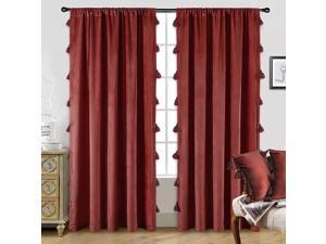 DriftAway Boho Velvet Handmade Tassel Curtain Room Darkening Thermal Insulated Window Curtain Rod Pocket 2 Panels 50 Inch by 84 Inch Red Ochre