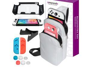 omarando TPU Protective Case Accessories Kit for Nintendo Switch (OLED model) ,with Travel Shoulder Carrying Case , Tempered Film ,TPU Joycon Covers ,Thumb Grip Caps ,Playstand