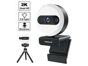 CAMPARK 2K 2560*1440 Webcam with Ring Light and Microphone, QHD Automatic Light Correction Webcam Plug and Play with Cover and Tripod Computer Camera for Windows Mac and Android